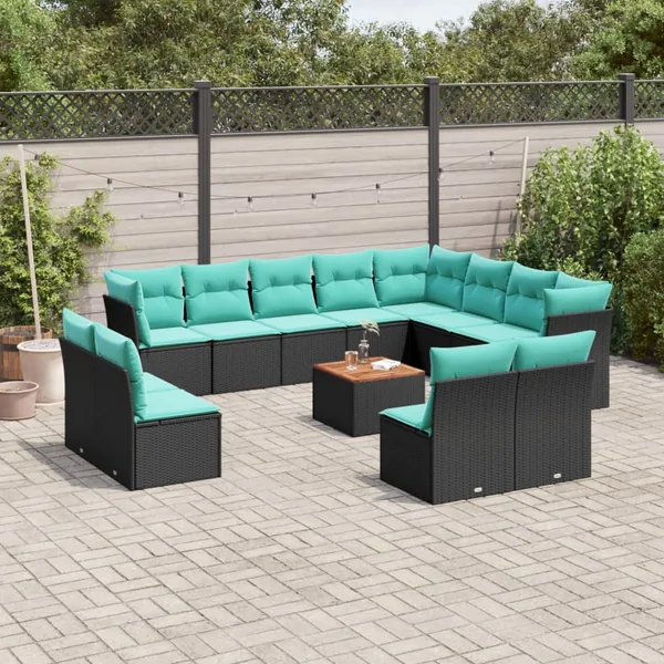 Salon de jardin avec coussins 13 pcs noir résine tressée