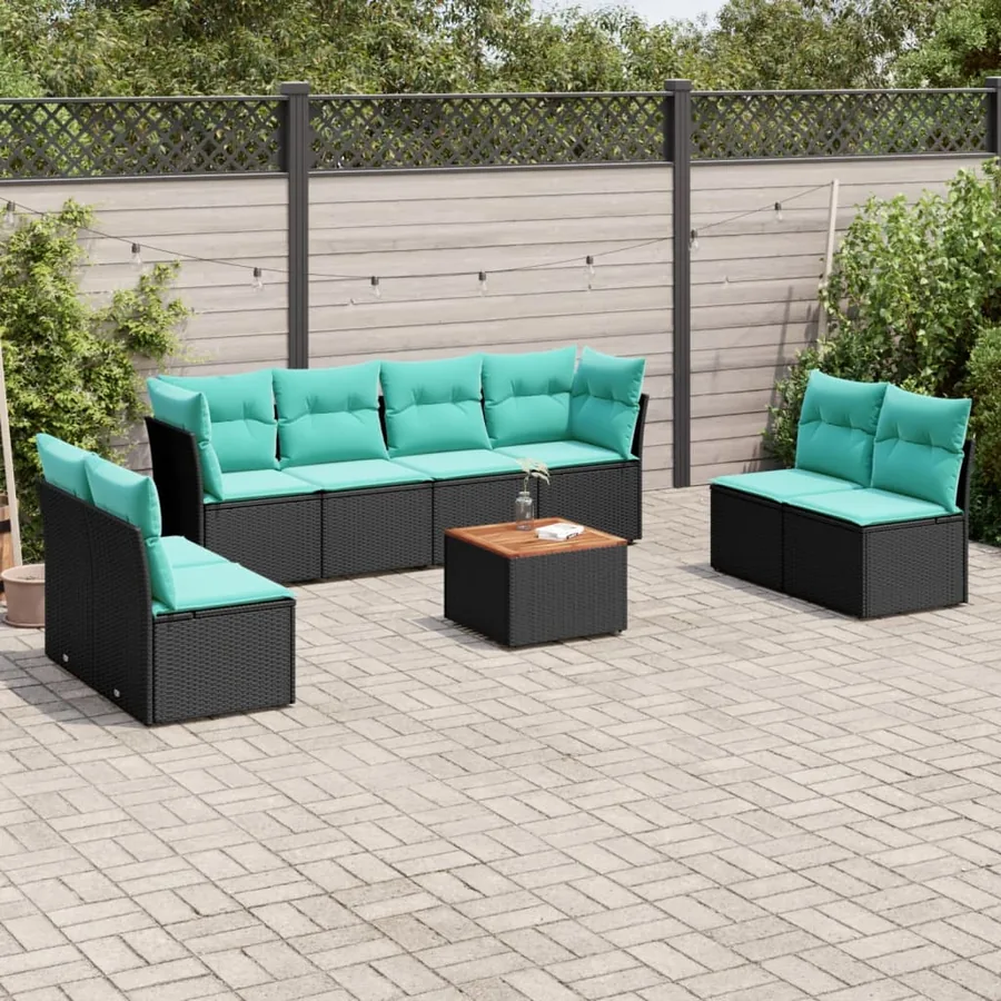 Salon de jardin 9 pcs avec coussins noir résine tressée
