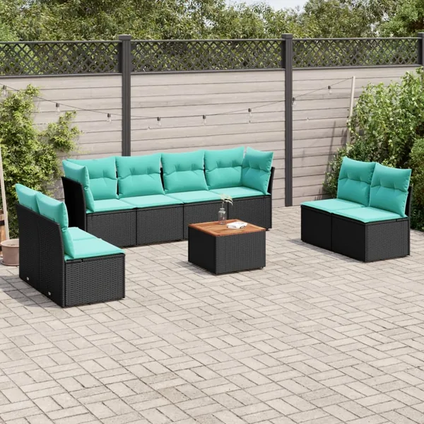 Salon de jardin 9 pcs avec coussins noir résine tressée