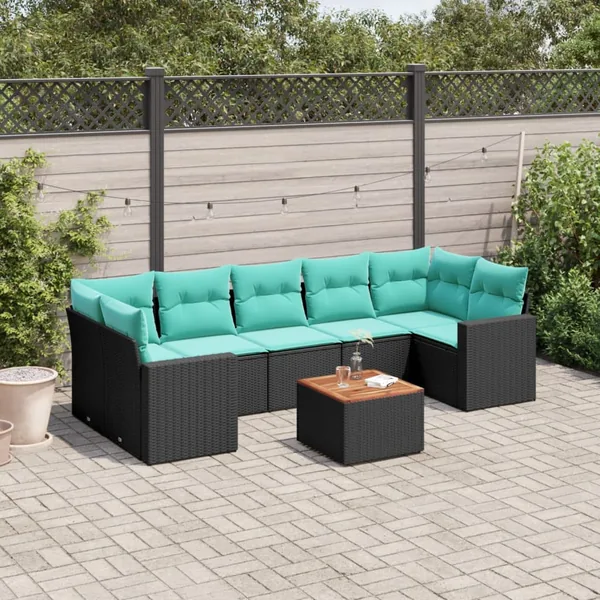 Salon de jardin 8 pcs avec coussins noir résine tressée