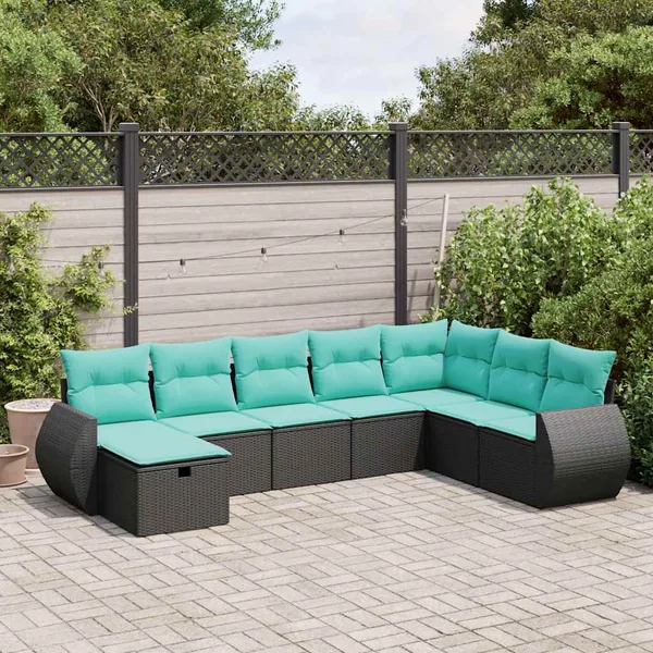 Salon de jardin 8 pcs avec coussins noir résine tressée