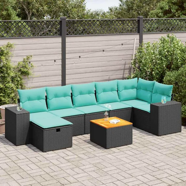 Salon de jardin 8 pcs avec coussins noir résine tressée