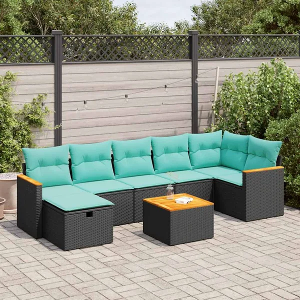 Salon de jardin 8 pcs avec coussins noir résine tressée