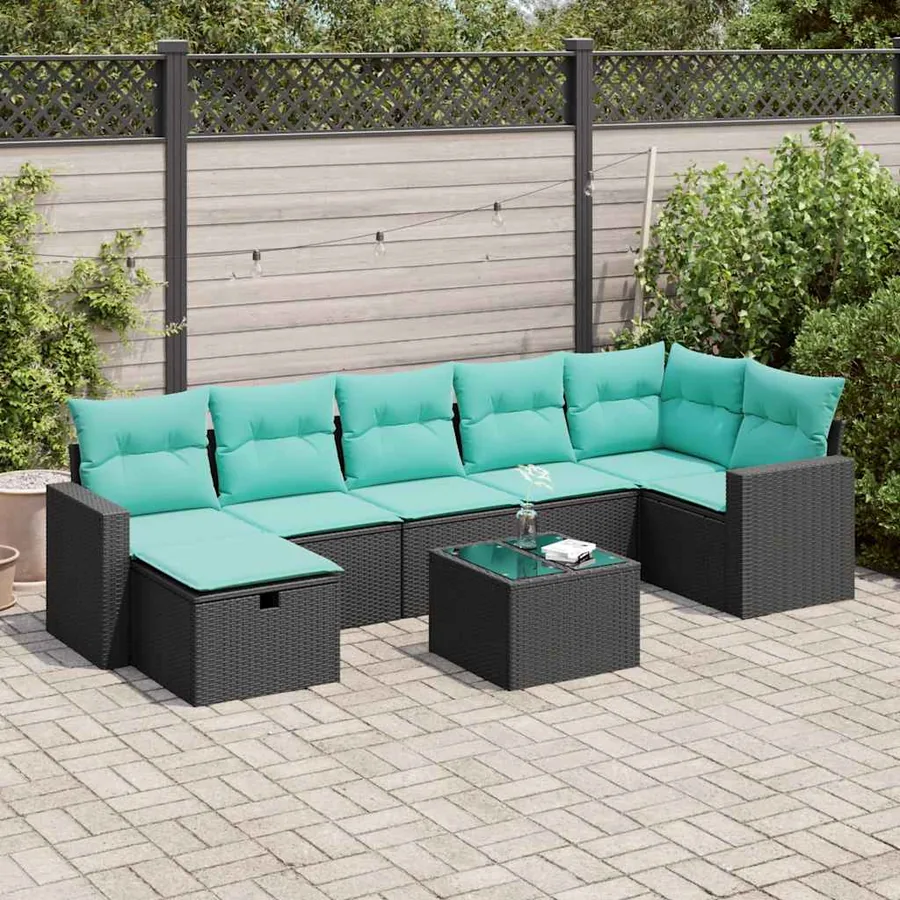 Salon de jardin 8 pcs avec coussins noir résine tressée