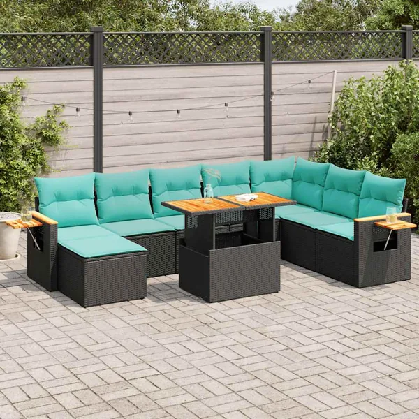 Salon de jardin 10 pcs avec coussins noir résine tressée acacia