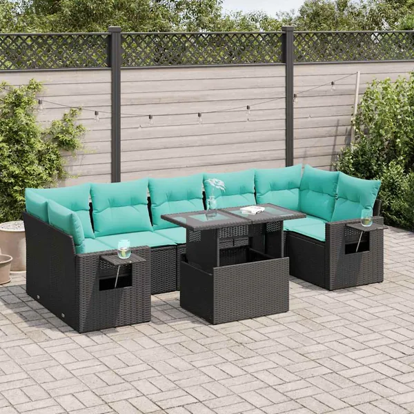 Salon de jardin 8pcs avec coussins noir résine tressée acacia