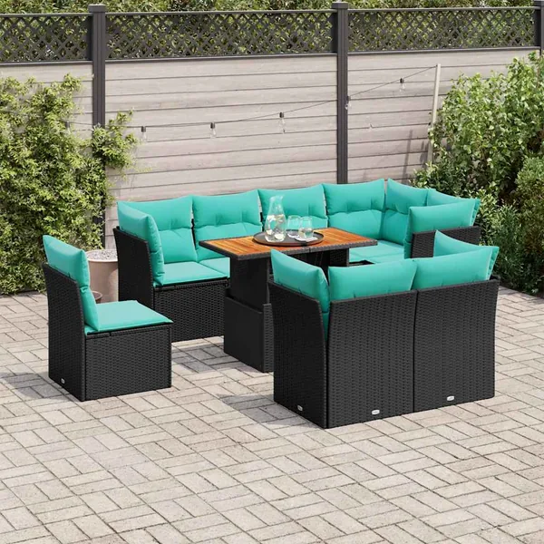 Salon de jardin 9 pcs avec coussins noir résine tressée