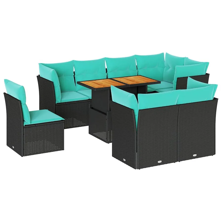 Salon de jardin 9 pcs avec coussins noir résine tressée - 2