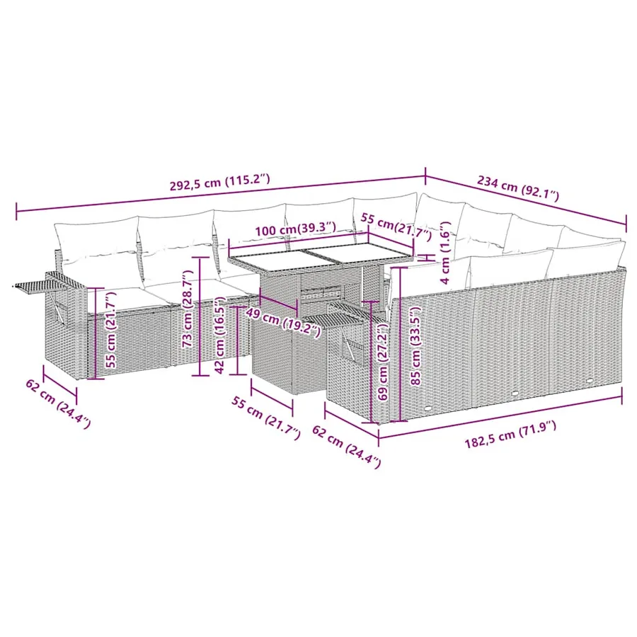 Ensemble de canapés de jardin 11 pcs et coussins rotin acacia - 15