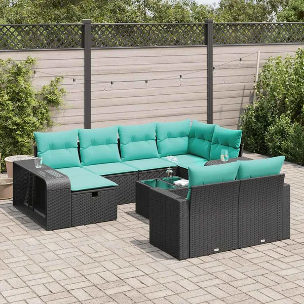 Salon de jardin 11 pcs avec coussins noir résine tressée