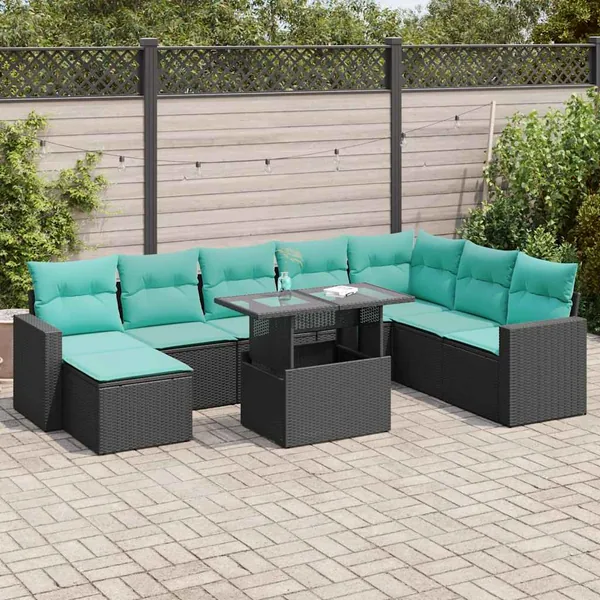 Salon de jardin avec coussins 9 pcs noir résine tressée acacia