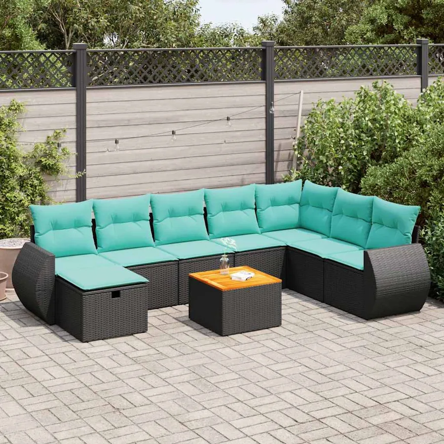 Salon de jardin 9 pcs avec coussins noir résine tressée