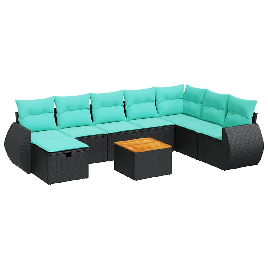 Salon de jardin 9 pcs avec coussins noir résine tressée - 2