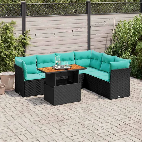 Salon de jardin 7 pcs avec coussins noir résine tressée 55 x 62 x 69 cm - 65,4 kg