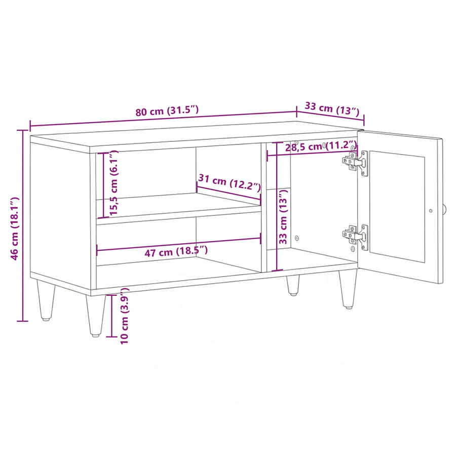 Meuble TV Naturel 80 x 33 x 46 cm Bois de mangue massif - 12