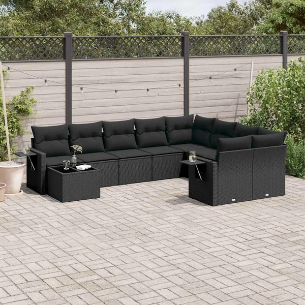Salon de jardin 10 pcs avec coussins noir résine tressée
