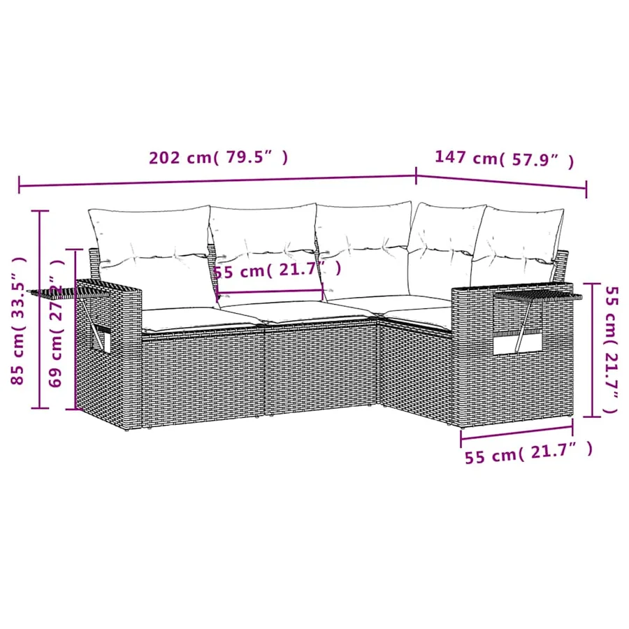 Salon de jardin 4 pcs avec coussins noir résine tressée - 8
