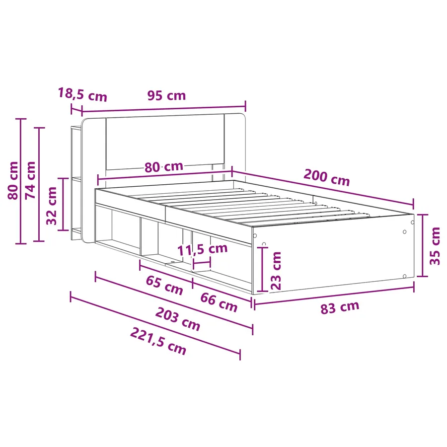 Cadre de lit avec rangement Chêne artisanal 80 x 200 cm - 9