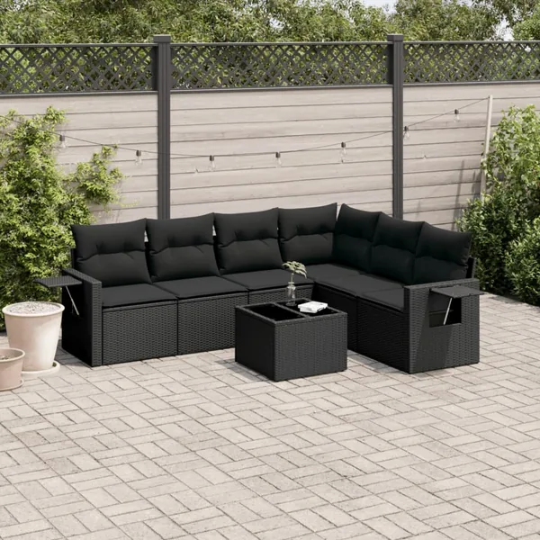 Salon de jardin 7 pcs avec coussins noir résine tressée 62 x 62 x 69 cm - 56,7 kg