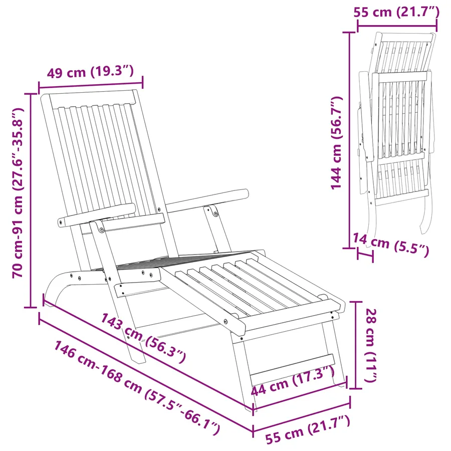 Chaise longue inclinable et pliable 2 pcs 55 x 146 x 91 cm - 11