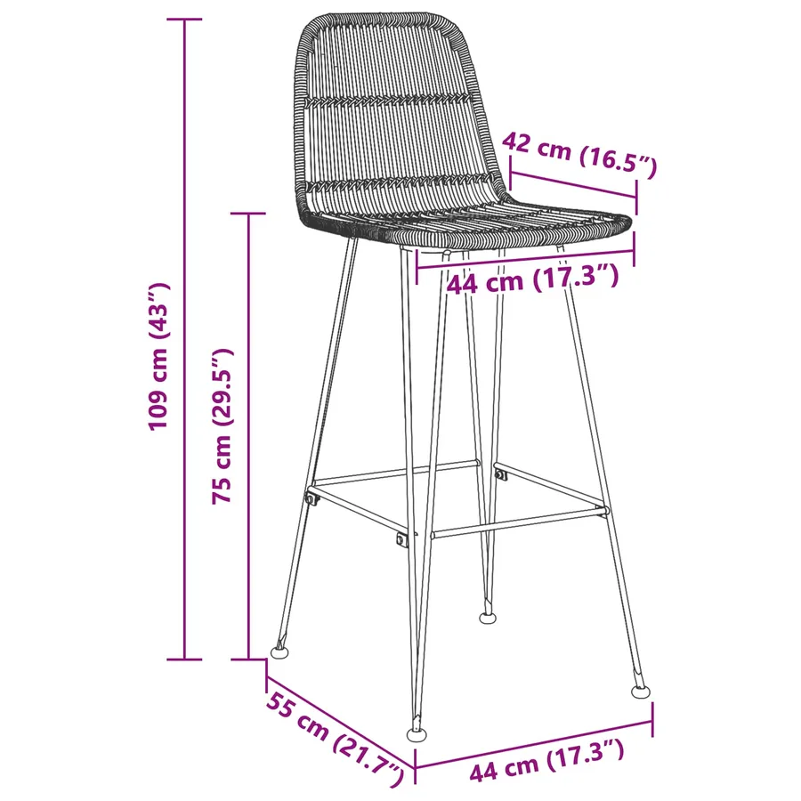 Tabouret de bar 2 pcs Noir 44 x 55 x 109 cm Rattan et Acier - 8