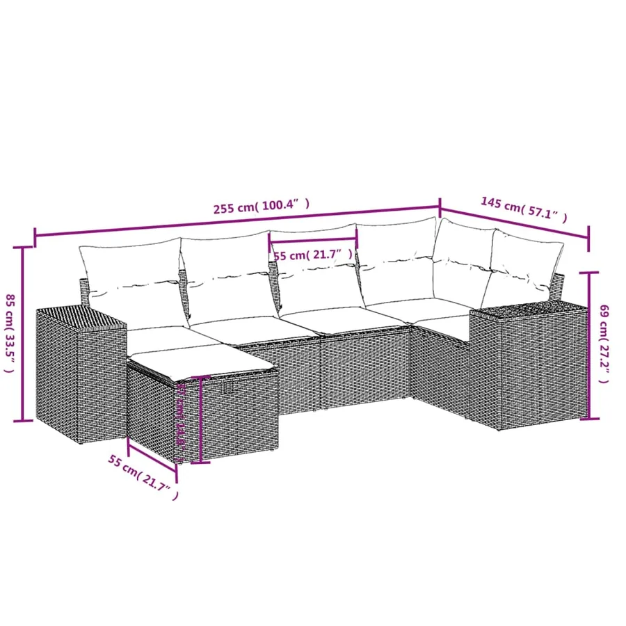 Salon de jardin 6 pcs avec coussins noir résine tressée - 4