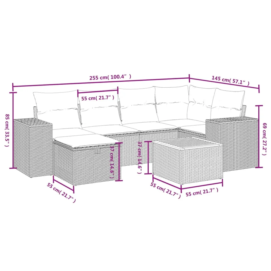 Salon de jardin 7 pcs avec coussins noir résine tressée 62 x 62 x 69 cm - 58,5 kg - 4