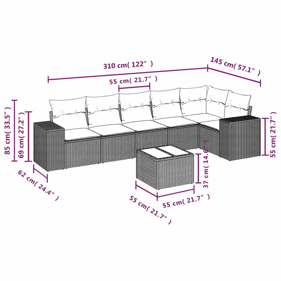 Salon de jardin 7 pcs avec coussins noir résine tressée 62 x 62 x 69 cm - 58,8 kg - 8