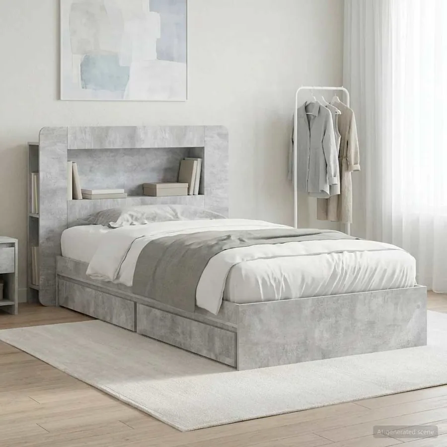Cadre de lit avec rangement avec tiroir Gris béton 90 x 190 cm