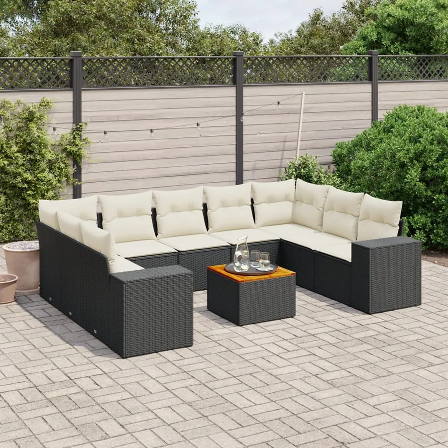 Salon de jardin 10 pcs avec coussins noir résine tressée