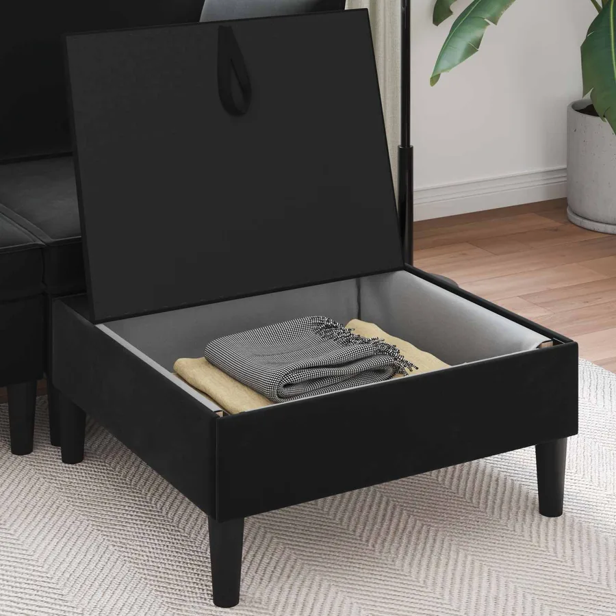 Pouf avec Rangement Noir Velours - 3