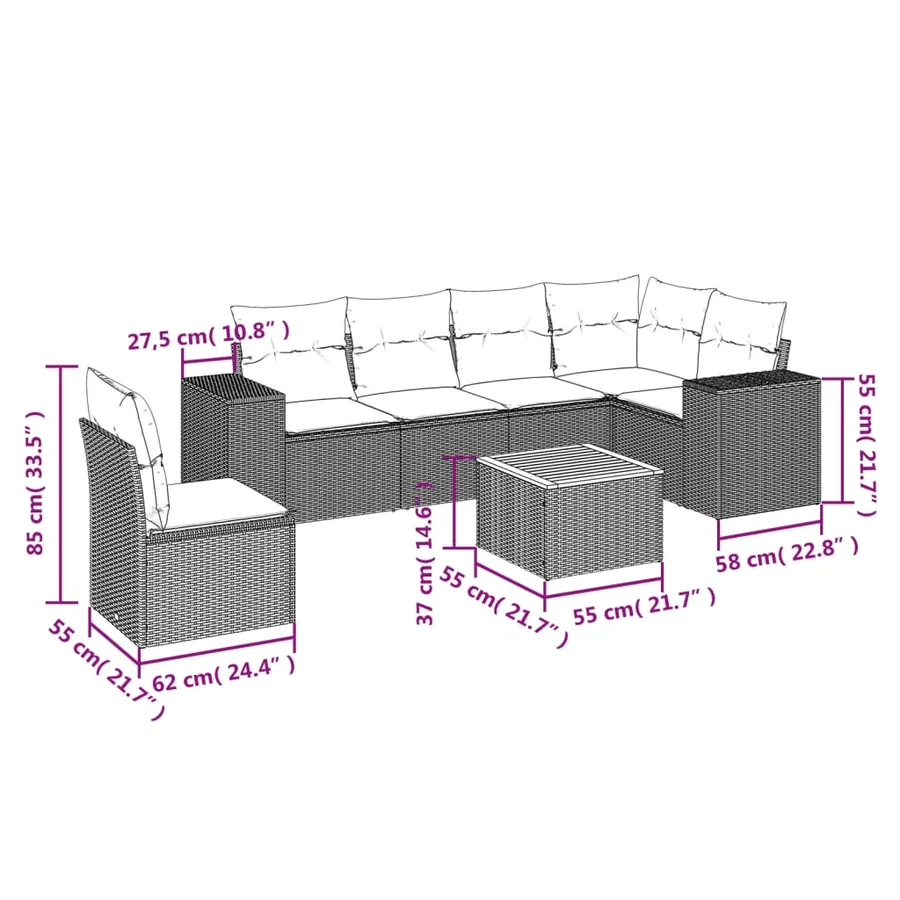 Salon de jardin 7 pcs avec coussins noir résine tressée 62 x 62 x 69 cm - 58,0 kg - 3