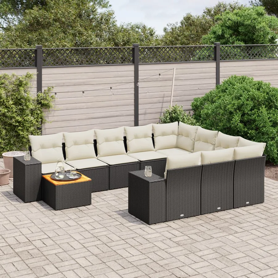 Salon de jardin 11 pcs avec coussins noir résine tressée