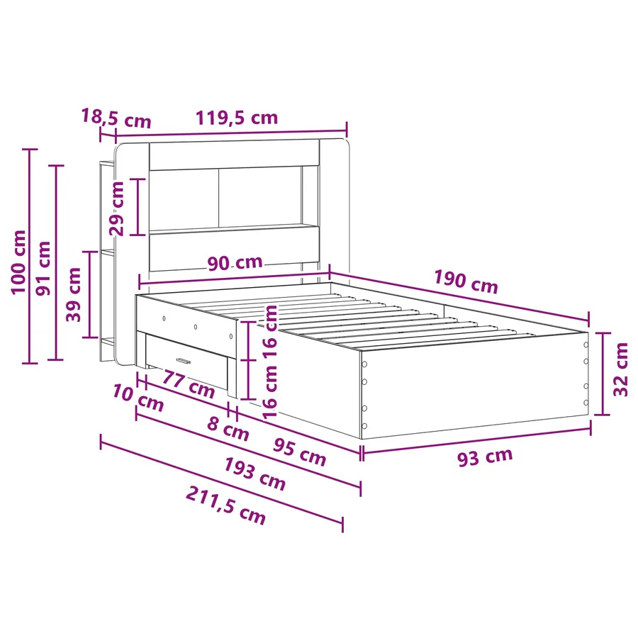 Cadre de lit avec rangement Bois ancien 90 x 190 cm - 8