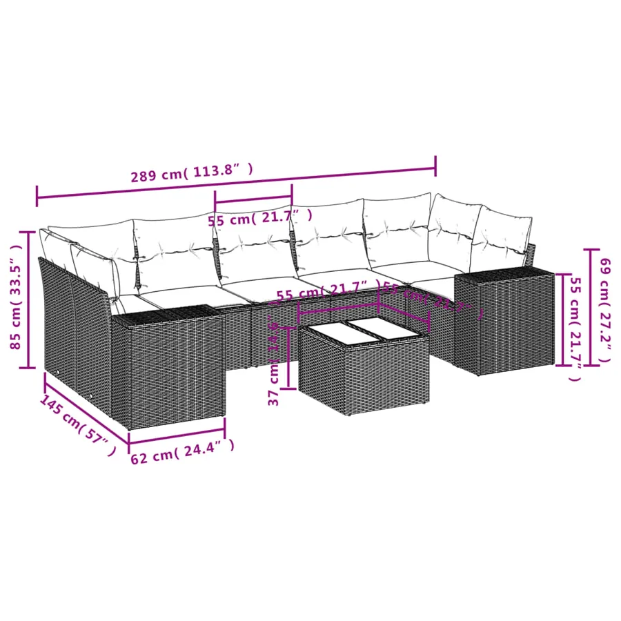 Salon de jardin 8 pcs avec coussins noir résine tressée - 8