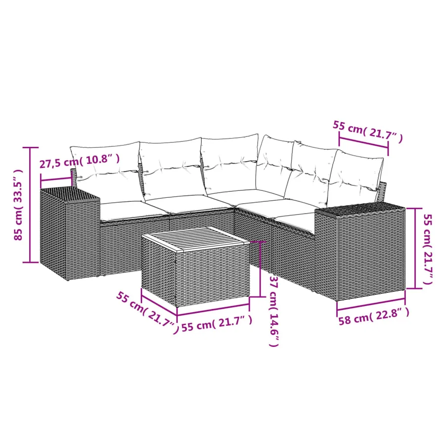 Salon de jardin 6 pcs avec coussins noir résine tressée - 3