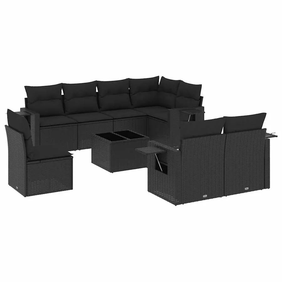 Salon de jardin 9 pcs avec coussins noir résine tressée - 2