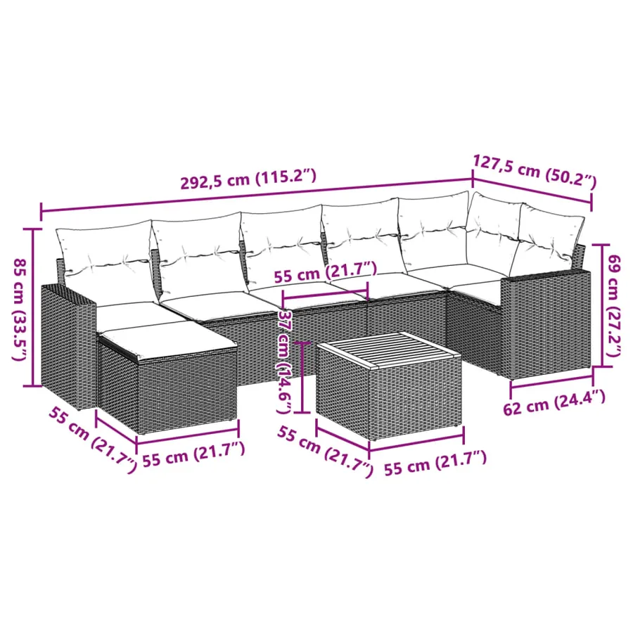Salon de jardin 8 pcs avec coussins noir résine tressée - 14