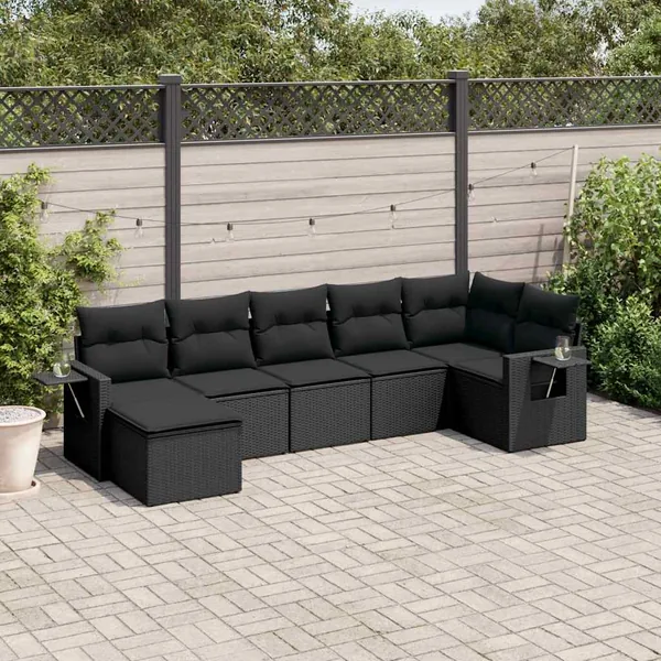 Salon de jardin 7 pcs avec coussins noir résine tressée 55 x 62 x 69 cm - 60,0 kg