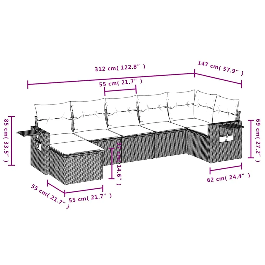 Salon de jardin 7 pcs avec coussins noir résine tressée 55 x 62 x 69 cm - 60,0 kg - 3