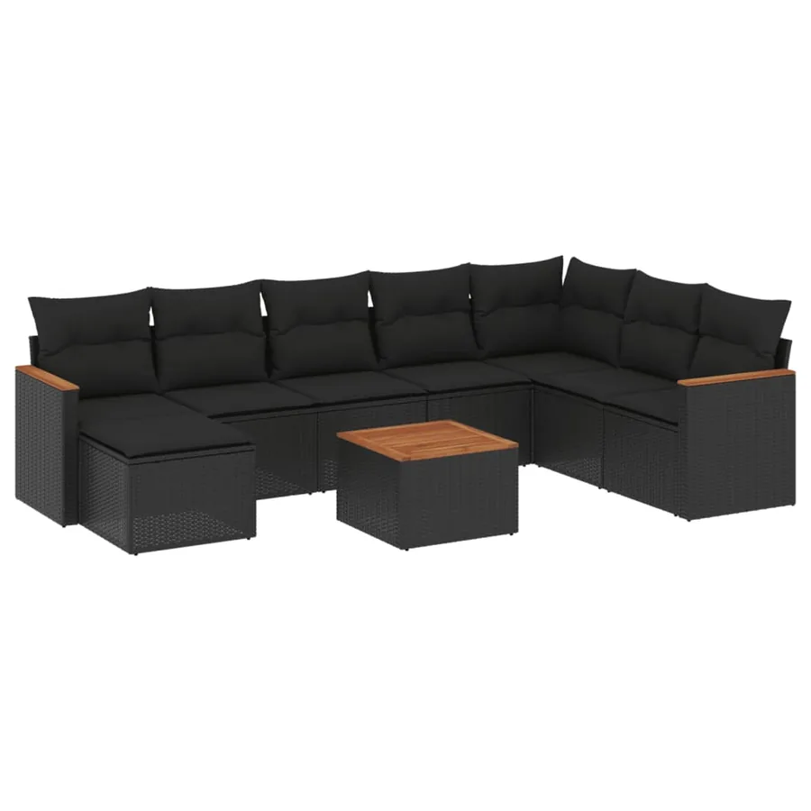 Salon de jardin 9 pcs avec coussins noir résine tressée - 2