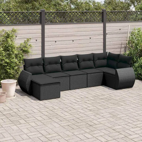 Salon de jardin 7 pcs avec coussins noir résine tressée 71 x 62 x 69 cm - 59,6 kg
