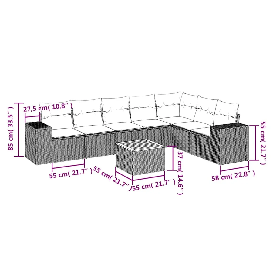 Salon de jardin 8 pcs avec coussins noir résine tressée - 3