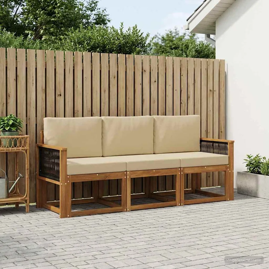 Ensemble de canapés d'extérieur avec coussin 3 pcs Naturel