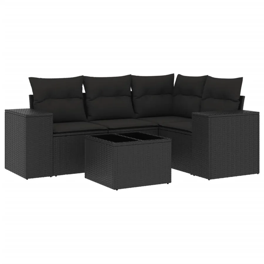 Salon de jardin 5 pcs avec coussins noir résine tressée - 2