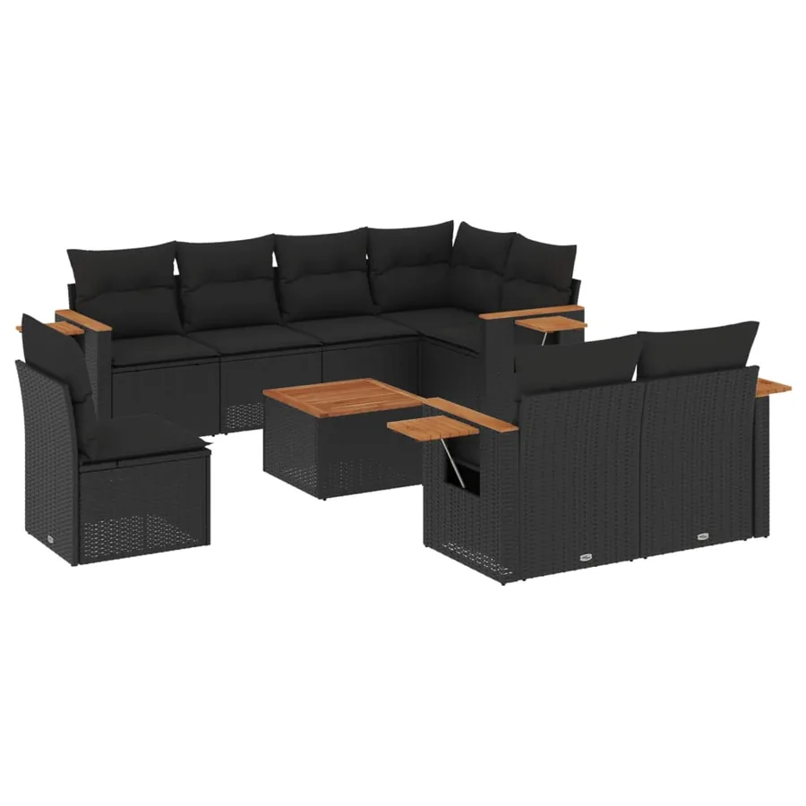 Salon de jardin 9 pcs avec coussins noir résine tressée - 2