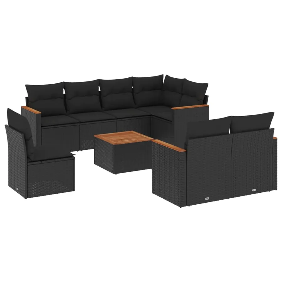 Salon de jardin 9 pcs avec coussins noir résine tressée - 2