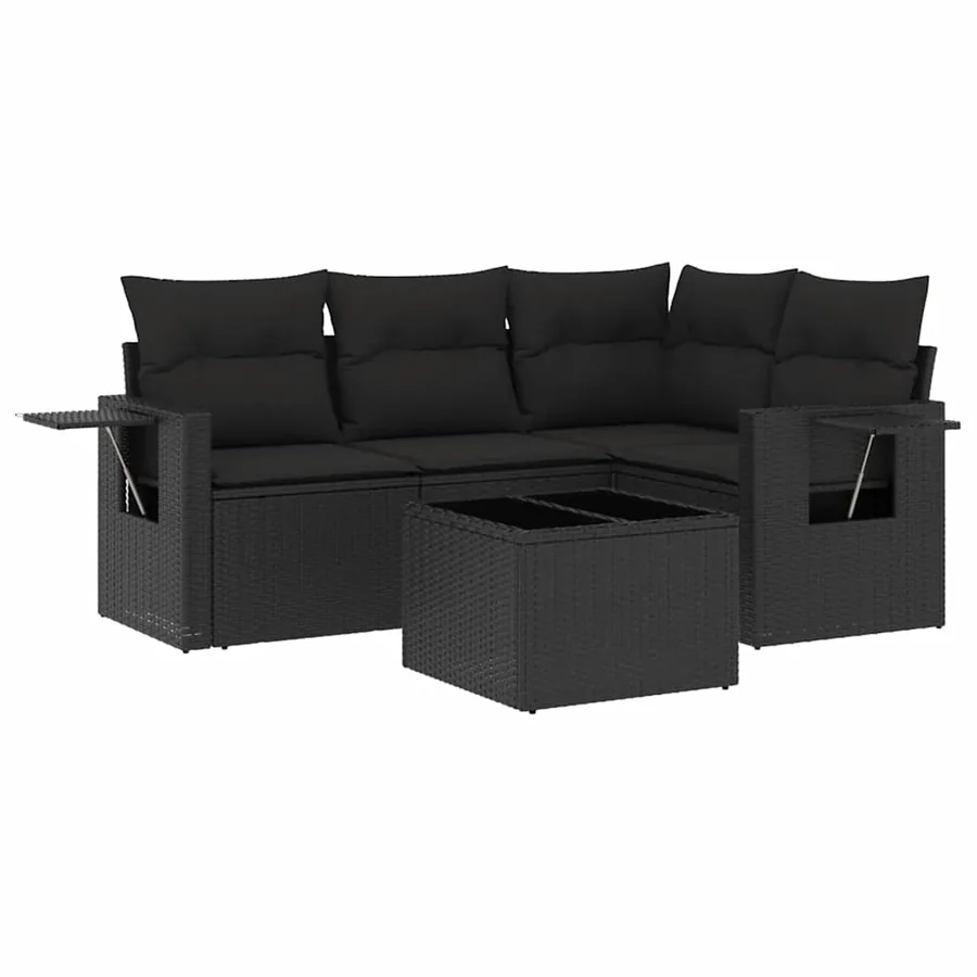 Salon de jardin 5 pcs avec coussins noir résine tressée - 2