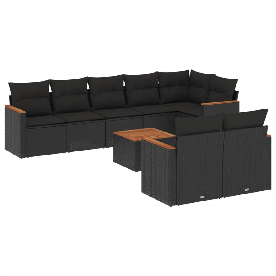 Salon de jardin 9 pcs avec coussins noir résine tressée - 2