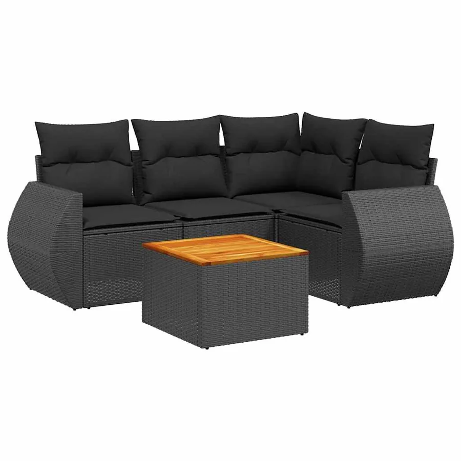 Salon de jardin 5 pcs avec coussins noir résine tressée - 2